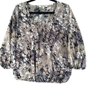 Sheer Floral Boho Peasant Blouse Womens Small Elastic Hem 3/4 Sleeve